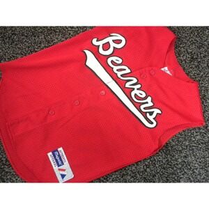 Vintage Majestic Baseball Jersey Portland Beavers M Red Button Up Sleeveless USA